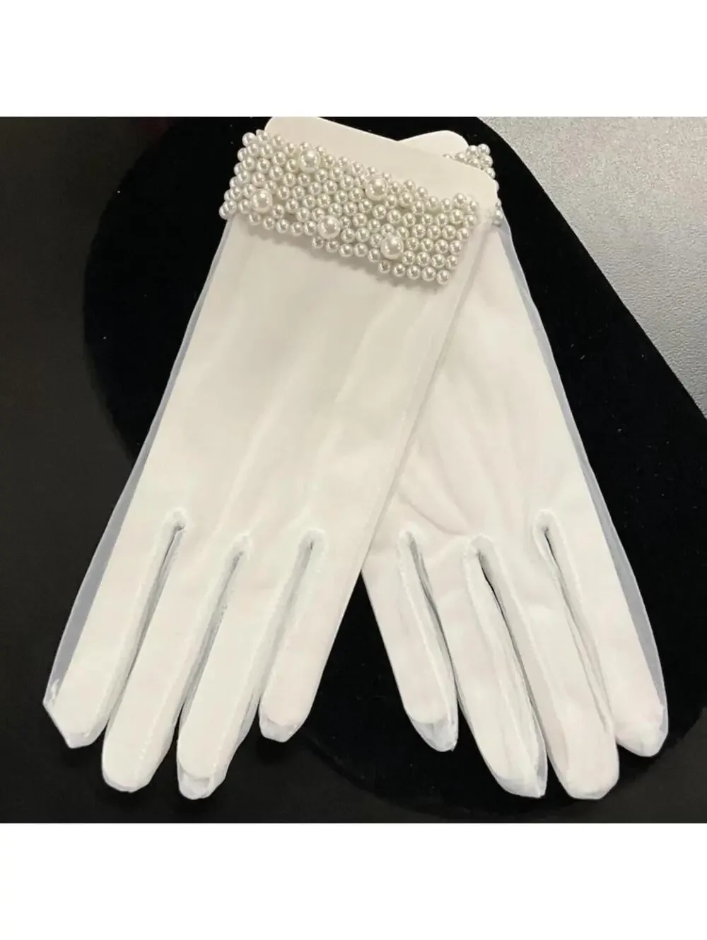 Sheer Wrist Length Bridal Gloves Pearl Cuffs NWT